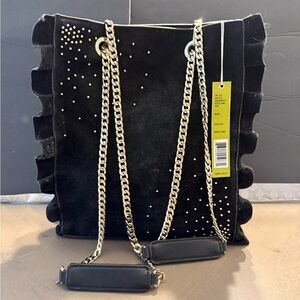 Gianni Bini Black Suede Shoulder Bag with Gold Chain Straps